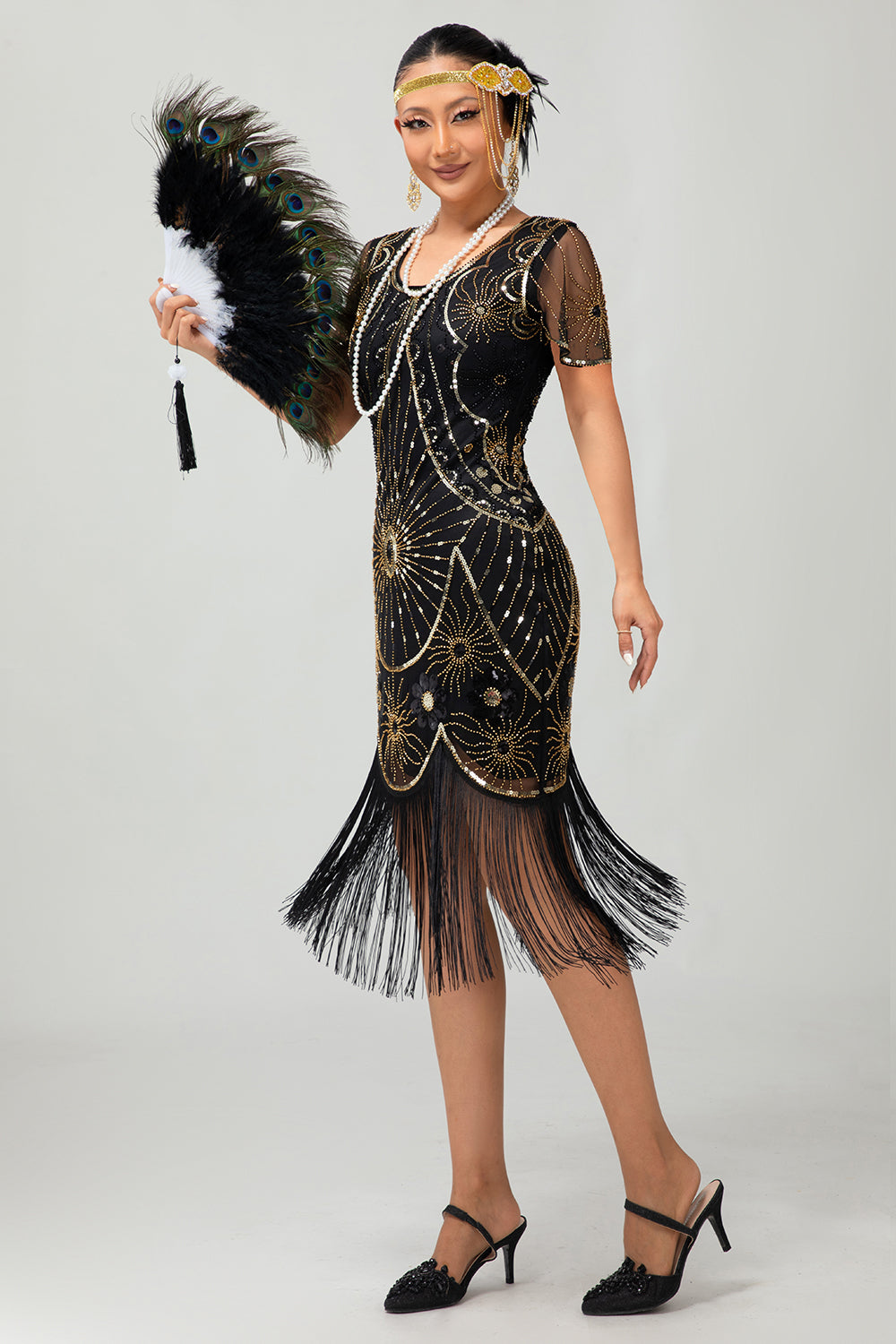 Gatsby Preto Vermelho Scoop Fringed Bodycon1920s Vestido com Sequins