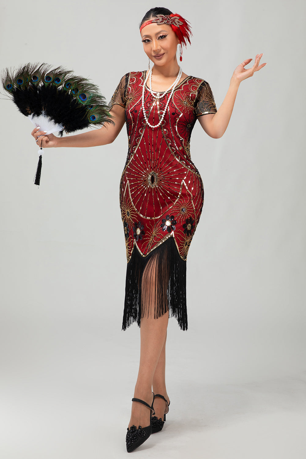 Gatsby Preto Vermelho Scoop Fringed Bodycon1920s Vestido com Sequins