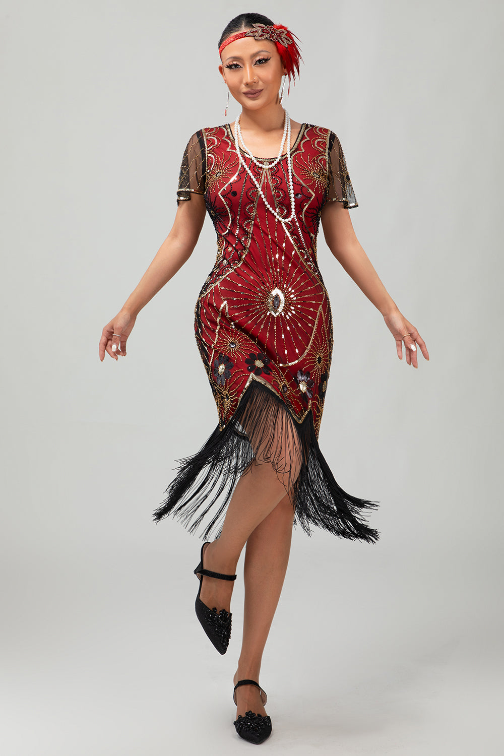 Gatsby Preto Vermelho Scoop Fringed Bodycon1920s Vestido com Sequins