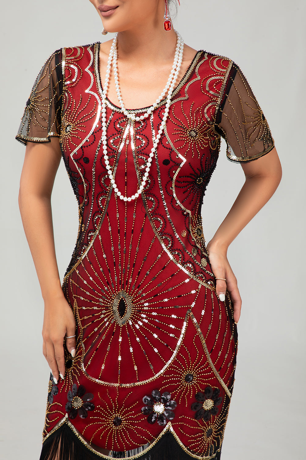 Gatsby Preto Vermelho Scoop Fringed Bodycon1920s Vestido com Sequins