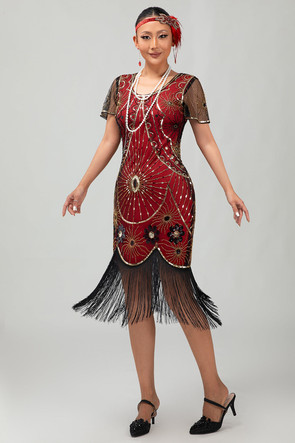 Gatsby Preto Vermelho Scoop Fringed Bodycon1920s Vestido com Sequins