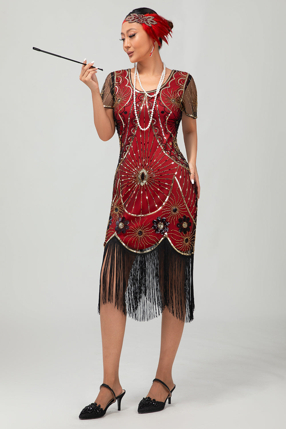 Gatsby Preto Vermelho Scoop Fringed Bodycon1920s Vestido com Sequins