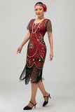 Gatsby Preto Vermelho Scoop Fringed Bodycon1920s Vestido com Sequins