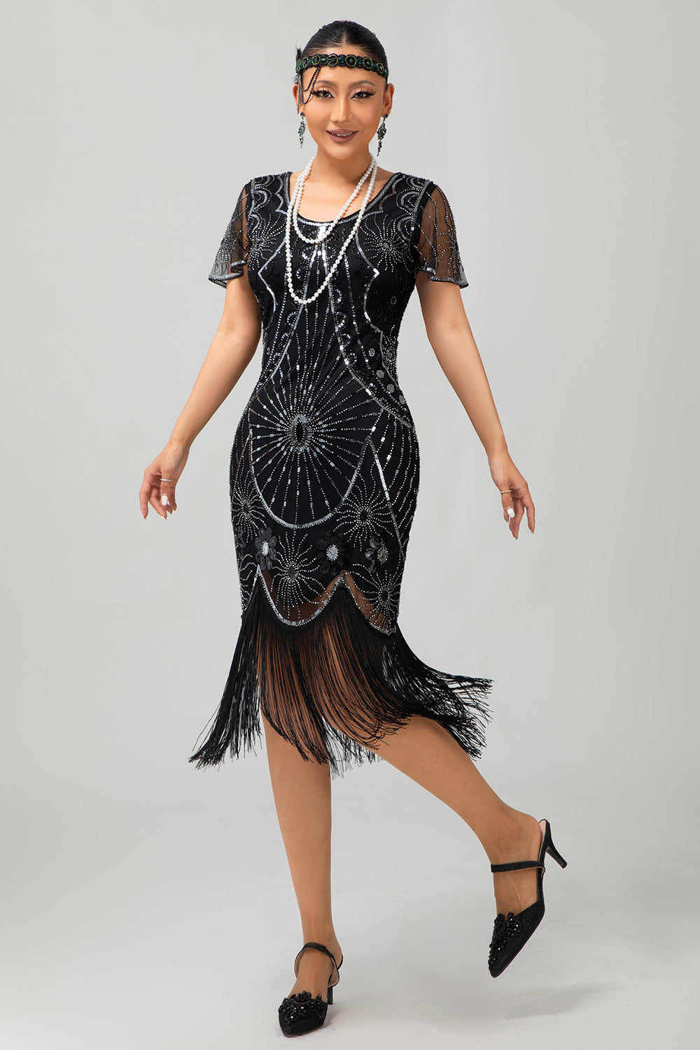 Gatsby Preto Vermelho Scoop Fringed Bodycon1920s Vestido com Sequins