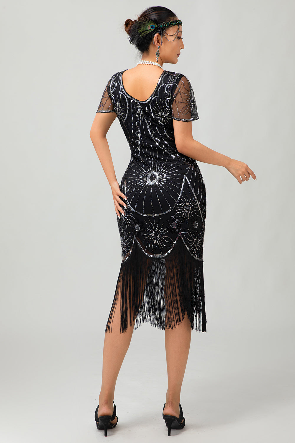 Gatsby Preto Vermelho Scoop Fringed Bodycon1920s Vestido com Sequins