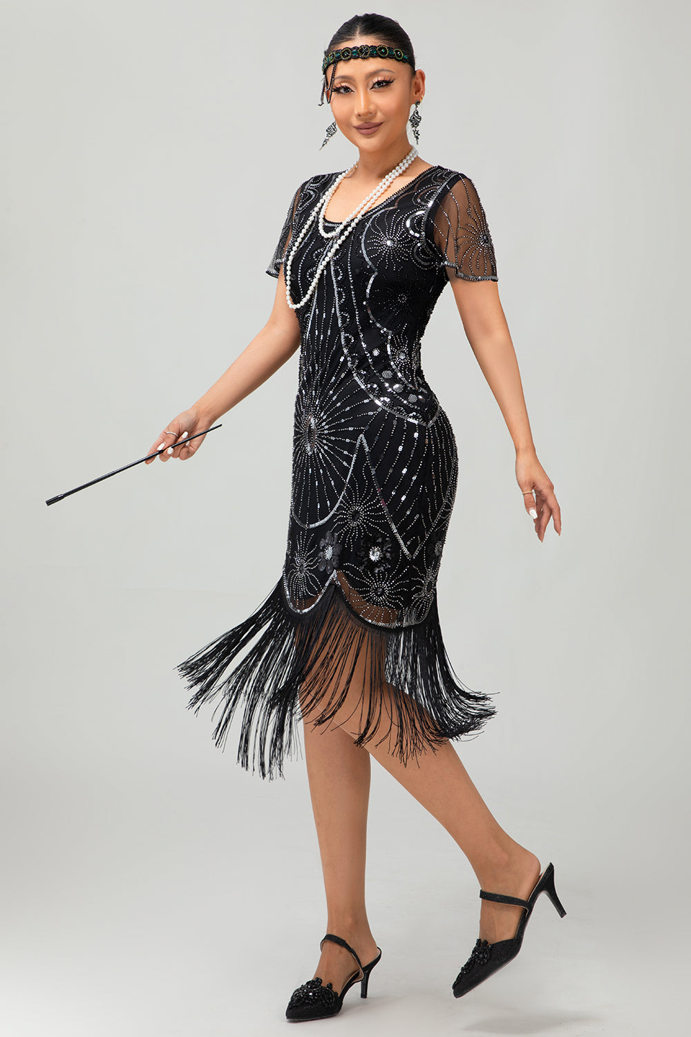 Gatsby Preto Vermelho Scoop Fringed Bodycon1920s Vestido com Sequins