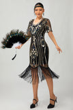 Preto Prata Sequin V Pescoço Bodycon 1920s Vestido com Tassels
