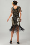 Preto Prata Sequin V Pescoço Bodycon 1920s Vestido com Tassels