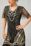 Preto Dourado Sequin Bodycon 1920s Flapper Vestido com Tassles