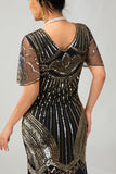 Preto Dourado Sequin Bodycon 1920s Flapper Vestido com Tassles
