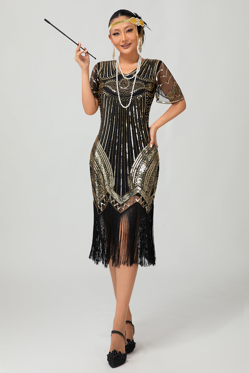 Preto Dourado Sequin Bodycon 1920s Flapper Vestido com Tassles