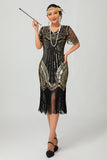 Preto Dourado Sequin Bodycon 1920s Flapper Vestido com Tassles