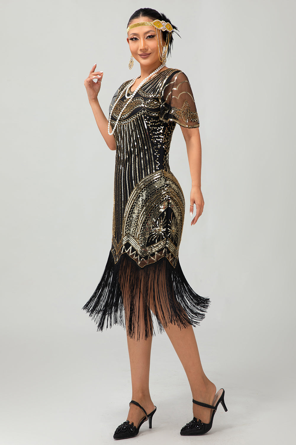 Preto Dourado Sequin Bodycon 1920s Flapper Vestido com Tassles