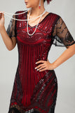 Sparkly preto vermelho bodycon franja vestido curto dos anos 1920 com franjas