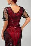 Sparkly preto vermelho bodycon franja vestido curto dos anos 1920 com franjas
