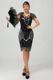 Preto prata Gatsby Sequins vestido curto dos anos 1920 com franjas