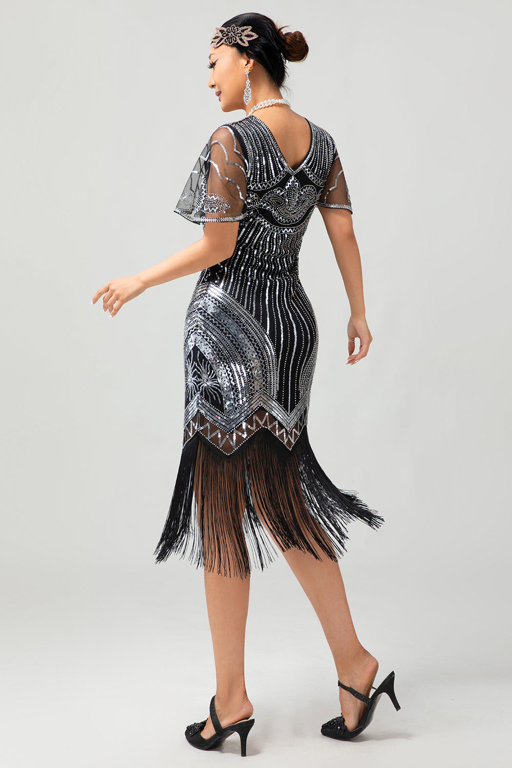 Preto Prata Sequin V Pescoço Bodycon 1920s Vestido com Tassels