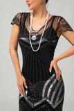 Preto prata Gatsby Sequins vestido curto dos anos 1920 com franjas
