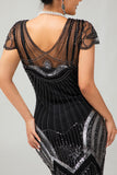 Preto prata Gatsby Sequins vestido curto dos anos 1920 com franjas