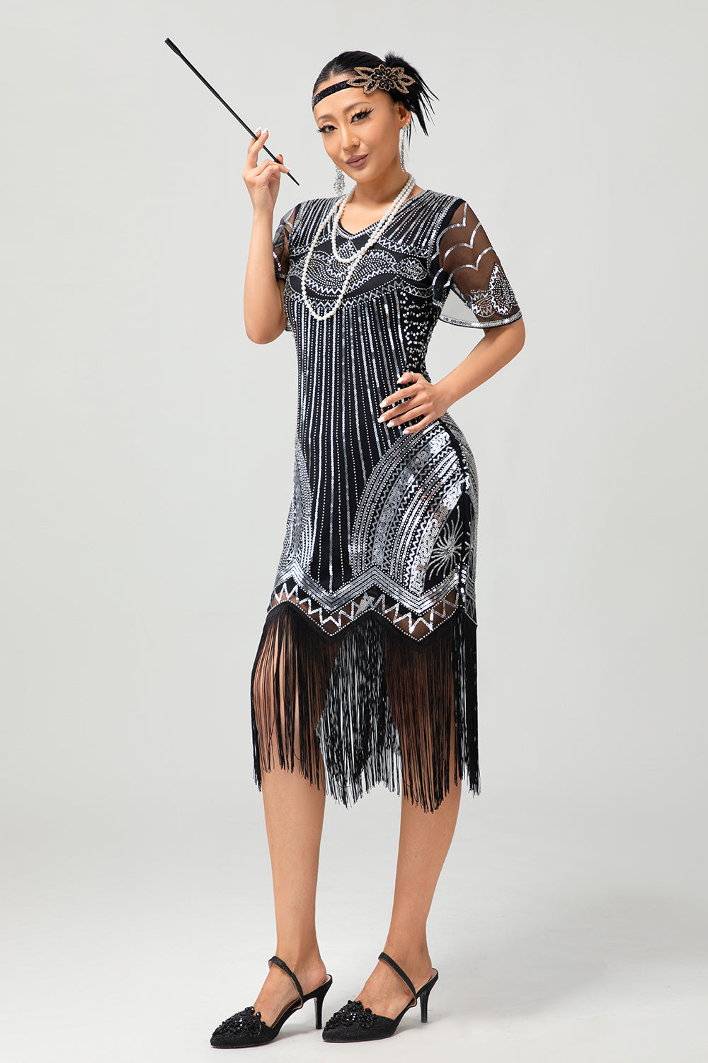 Preto Prata Sequin V Pescoço Bodycon 1920s Vestido com Tassels
