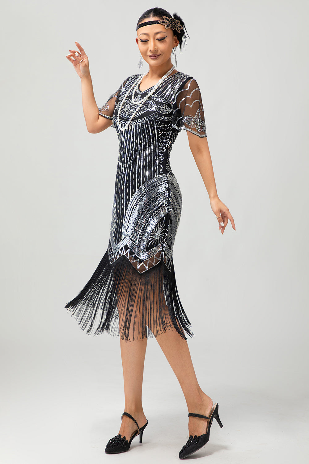 Preto Prata Sequin V Pescoço Bodycon 1920s Vestido com Tassels