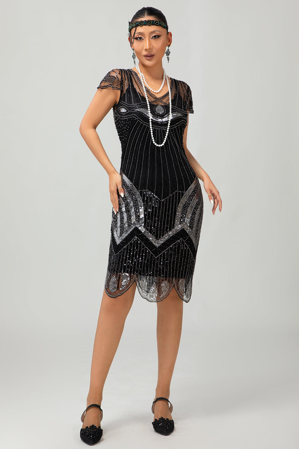Preto prata Gatsby Sequins vestido curto dos anos 1920 com franjas