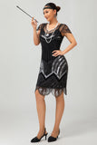Preto prata Gatsby Sequins vestido curto dos anos 1920 com franjas
