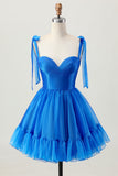A Line Royal Blue Spaghetti Correias Folhos Vestido Homecoming