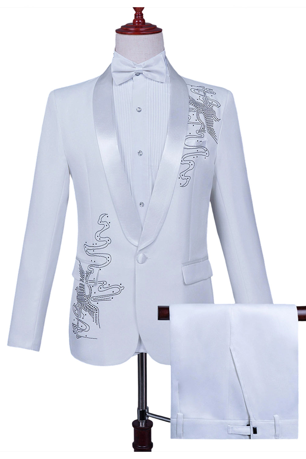 Xale Branco Lapela Slim Fit 2 Peças Terno de Baile de Formatura Masculino com Missangas