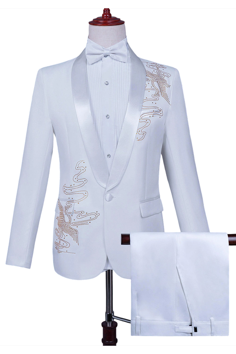 Xale Branco Lapela Slim Fit 2 Peças Terno de Baile de Formatura Masculino com Missangas