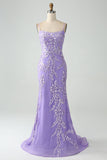 Sereia Lilac Esparguete Correias Longo Vestido de Baile com Apliques