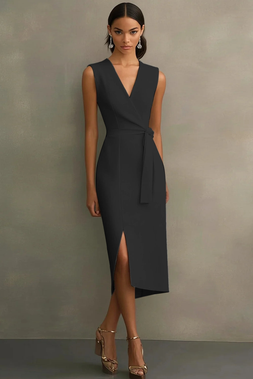 Cetim Branco Decote em V Midi Vestidos Cerimónia com Cinto