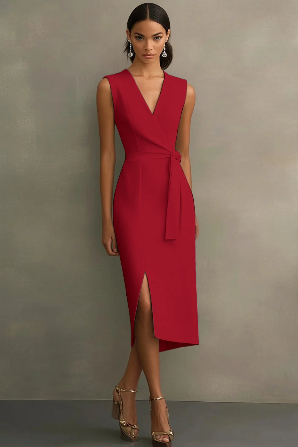 Cetim Branco Decote em V Midi Vestidos Cerimónia com Cinto