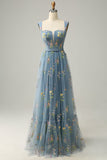 A Line Cinza Azul Vestido Cerimónia Com Bordado