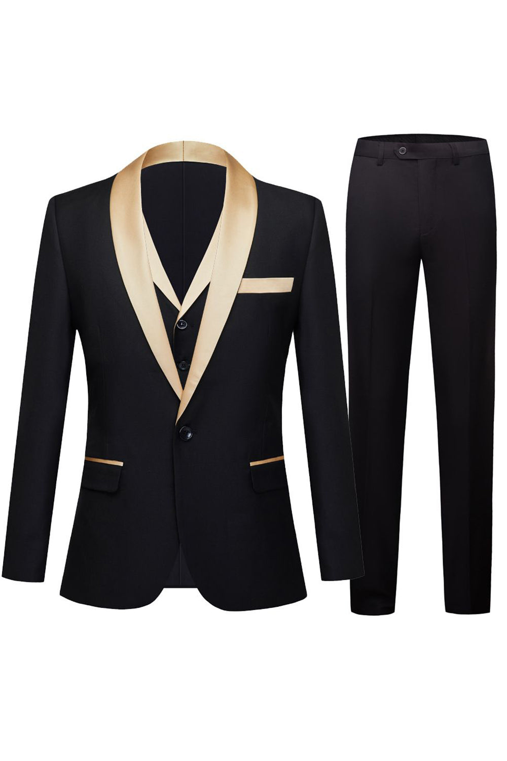 Preto e Champagne Xaile Lapela 3 Peças Slim Fit Masculino Prom Suits