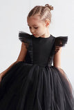 Branco A Linha Pescoço Redondo Mangas Tulle Flor Menina Vestido