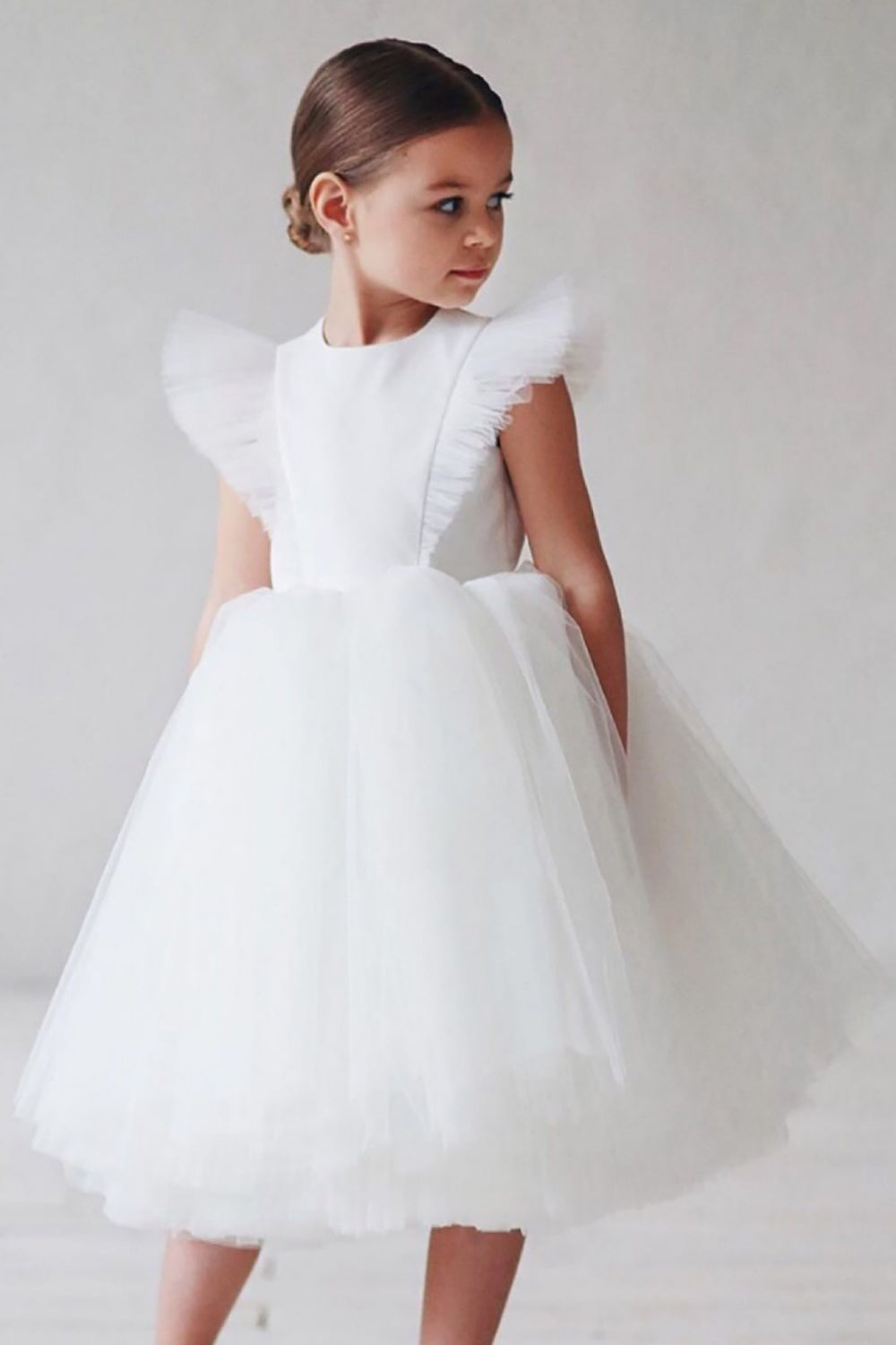 Branco A Linha Pescoço Redondo Mangas Tulle Flor Menina Vestido