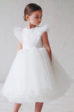 Branco A Linha Pescoço Redondo Mangas Tulle Flor Menina Vestido
