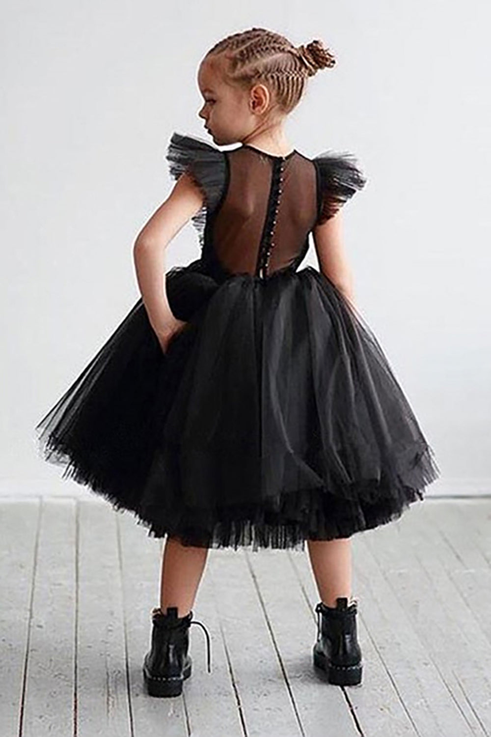 Branco A Linha Pescoço Redondo Mangas Tulle Flor Menina Vestido
