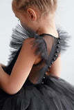 Branco A Linha Pescoço Redondo Mangas Tulle Flor Menina Vestido