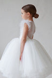 Branco A Linha Pescoço Redondo Mangas Tulle Flor Menina Vestido