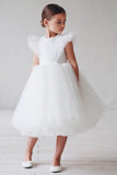 Branco A Linha Pescoço Redondo Mangas Tulle Flor Menina Vestido