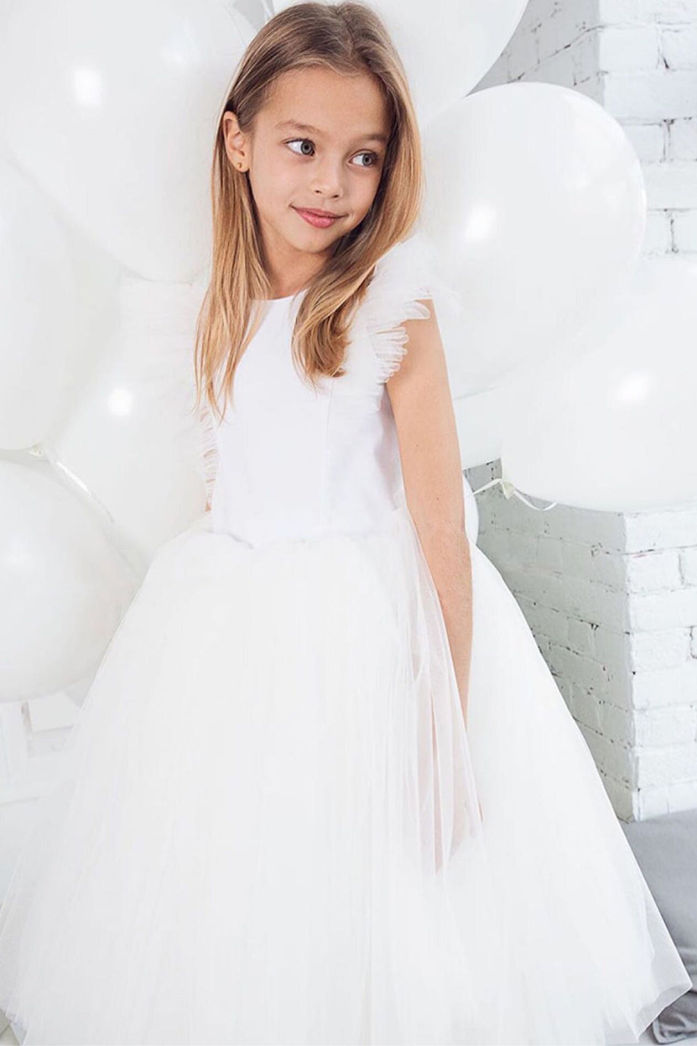 Branco A Linha Pescoço Redondo Mangas Tulle Flor Menina Vestido