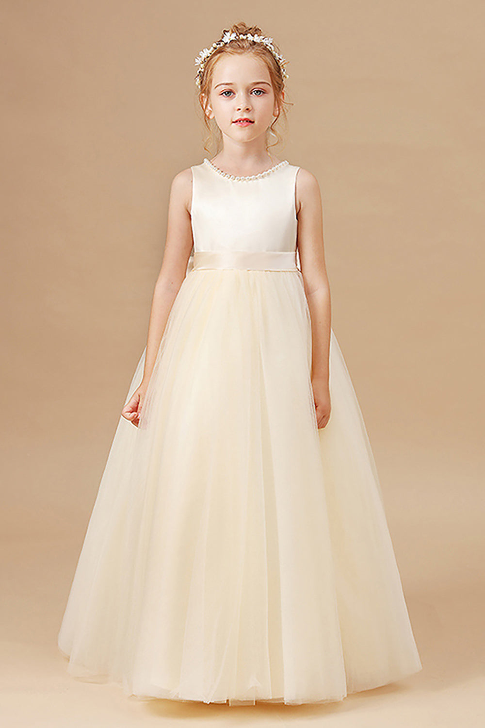 Branco A Line Sleeveless Bowknot Flor Menina Vestido Com Pérolas