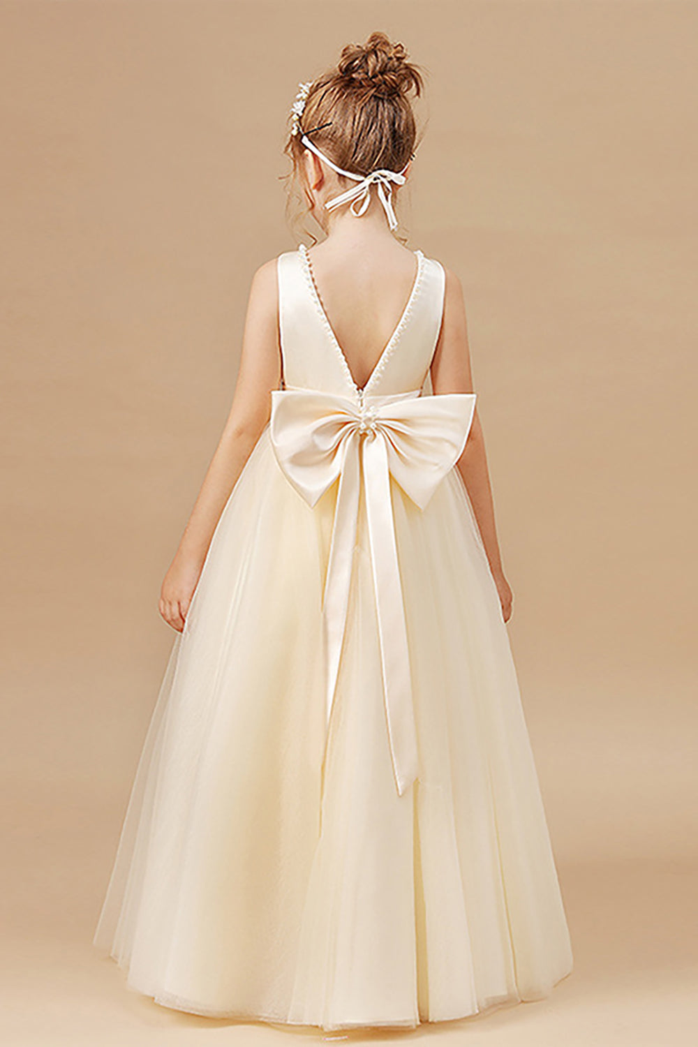 Branco A Line Sleeveless Bowknot Flor Menina Vestido Com Pérolas