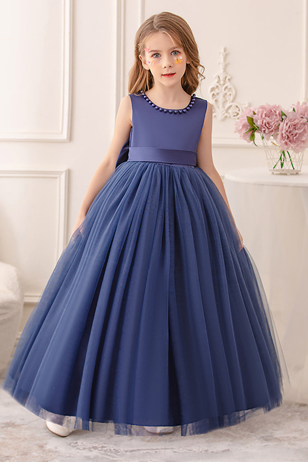 Branco A Line Sleeveless Bowknot Flor Menina Vestido Com Pérolas