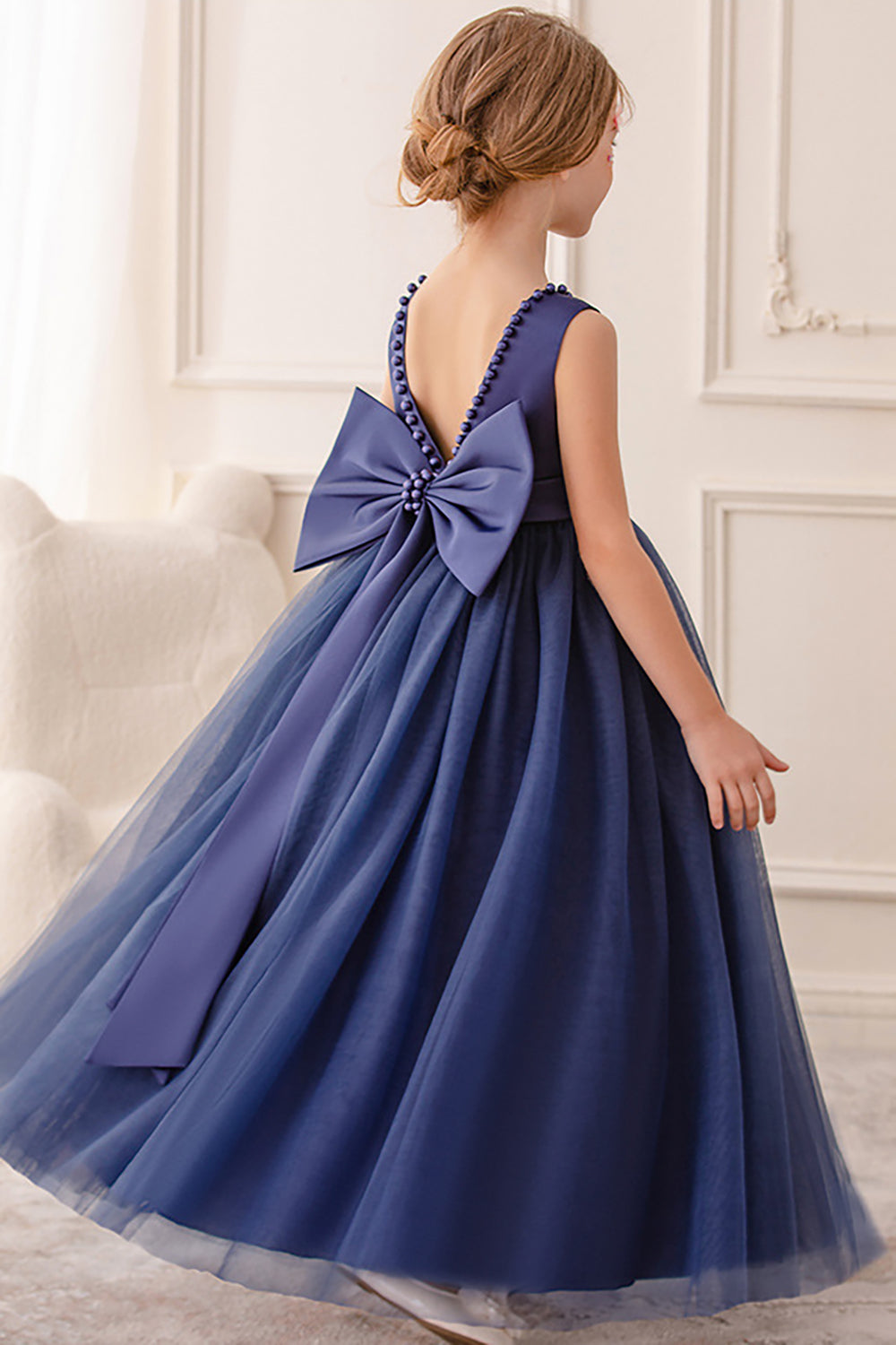 Branco A Line Sleeveless Bowknot Flor Menina Vestido Com Pérolas