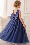 Branco A Line Sleeveless Bowknot Flor Menina Vestido Com Pérolas