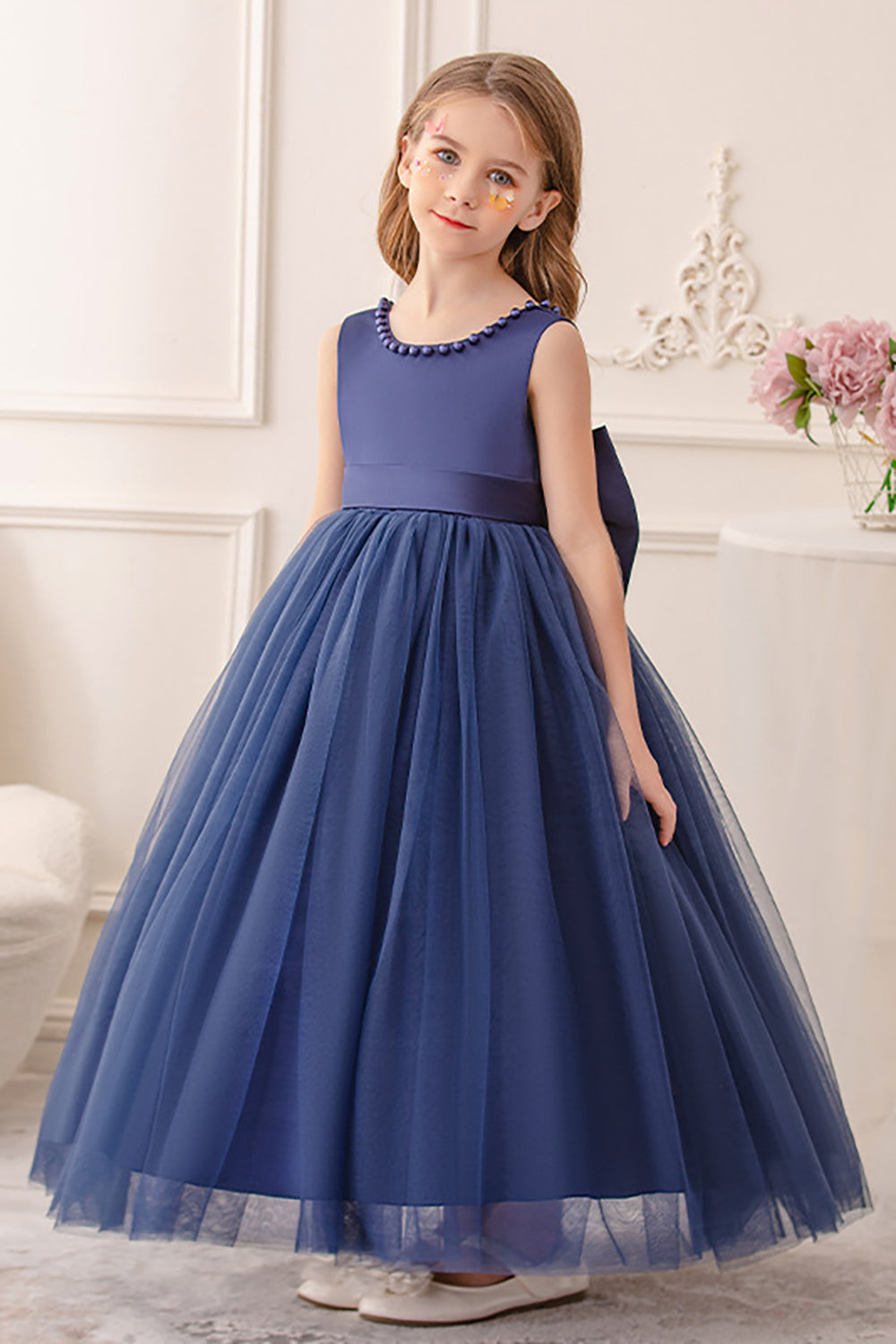 Branco A Line Sleeveless Bowknot Flor Menina Vestido Com Pérolas