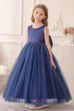 Branco A Line Sleeveless Bowknot Flor Menina Vestido Com Pérolas
